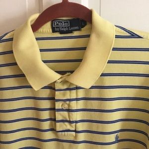 Blue and yellow stripe blue polo